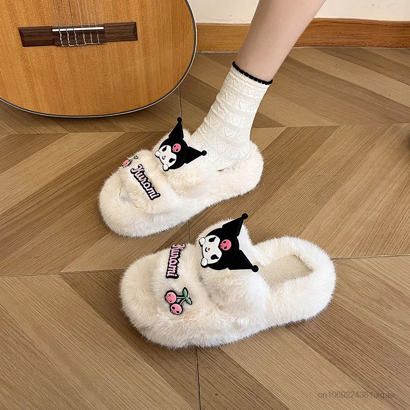 Sanrio Kuromi Plush Shoes Women Outdoor New Thick Sole Fuzzy Slippers Anti Slip Y2k Female Cartoon Korean Style Fashion Slippers