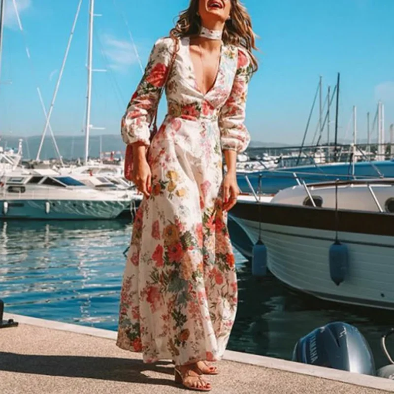 Vintage Bohemian Floral Printed Pleat Long Dress Casual V Neck High Waist Pullover Dress Elegant Lantern Long Sleeve Party Dress