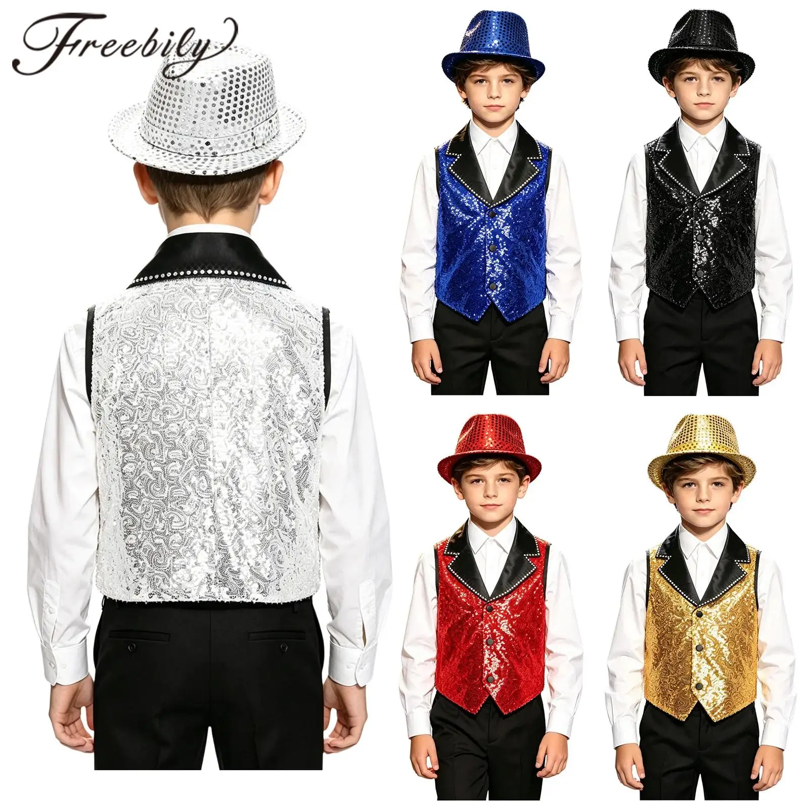 

Children Sparkling Circus Costume Sequin Vests Waistcoat Prom Suit Kids Boys Hip Hop Jazz Dance Stage Performance Outfit