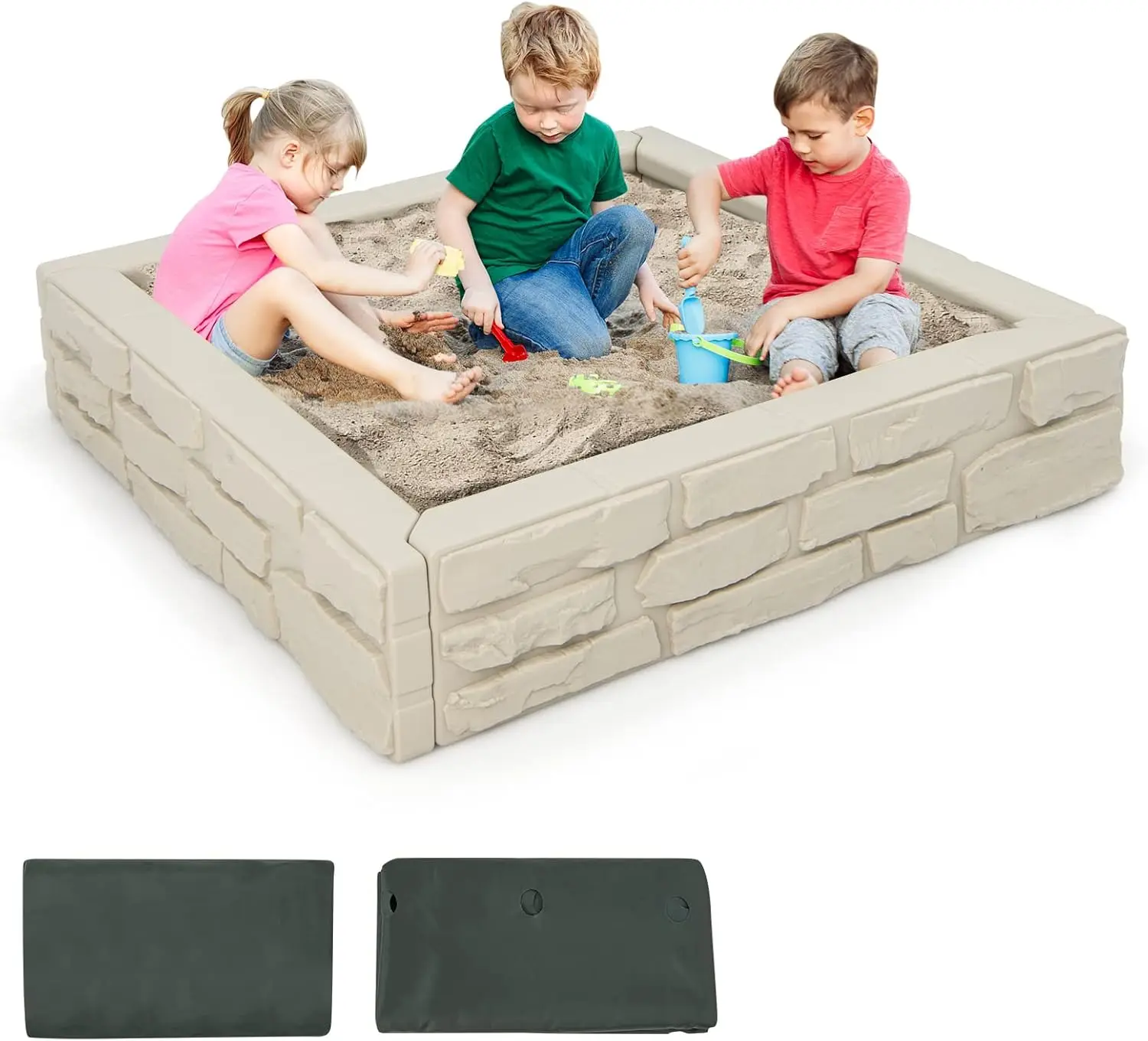 

Kids Sandbox with Cover, 47"x 47" HDPE Sand Box w/Oxford Cover, Bottom Liner, Reinforced Structure, Weather Resistant Outdoor Sa