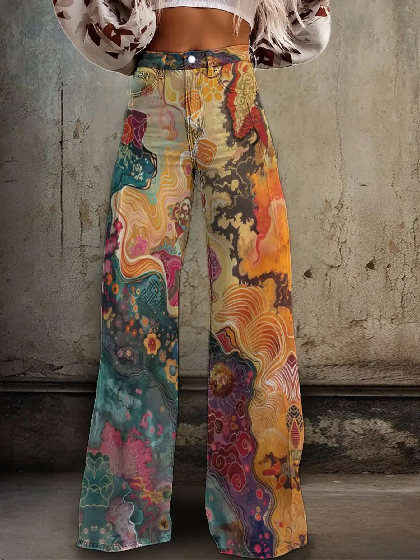 Christmas ladies' new printed retro jeans, imitation denim fabric, casual and fashionable patterns, diverse pants