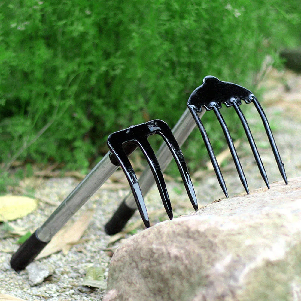 

2pcs 4-Tooth Steel Rake Non-Slip Handle Rustproof Garden Tool For Soil Loosening Flower Planting Earthnut Digging Yard Orchard