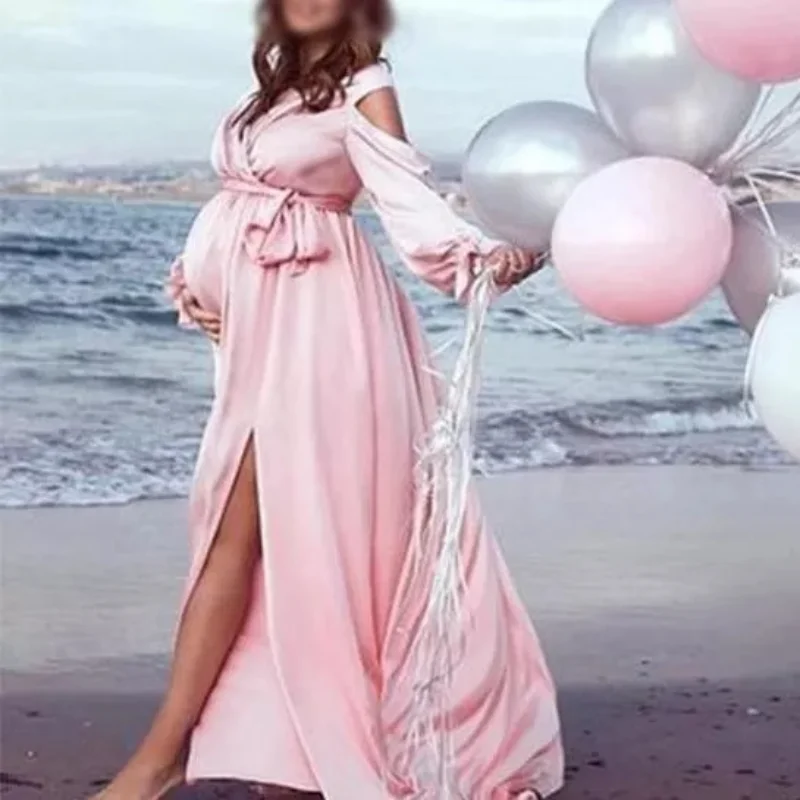 

Elegant Maternity Evening Party Gown Long Sleeve V Neck Slim Maxi Pregnant Dress for Photoshoot Baby Shower Photo Props Dress