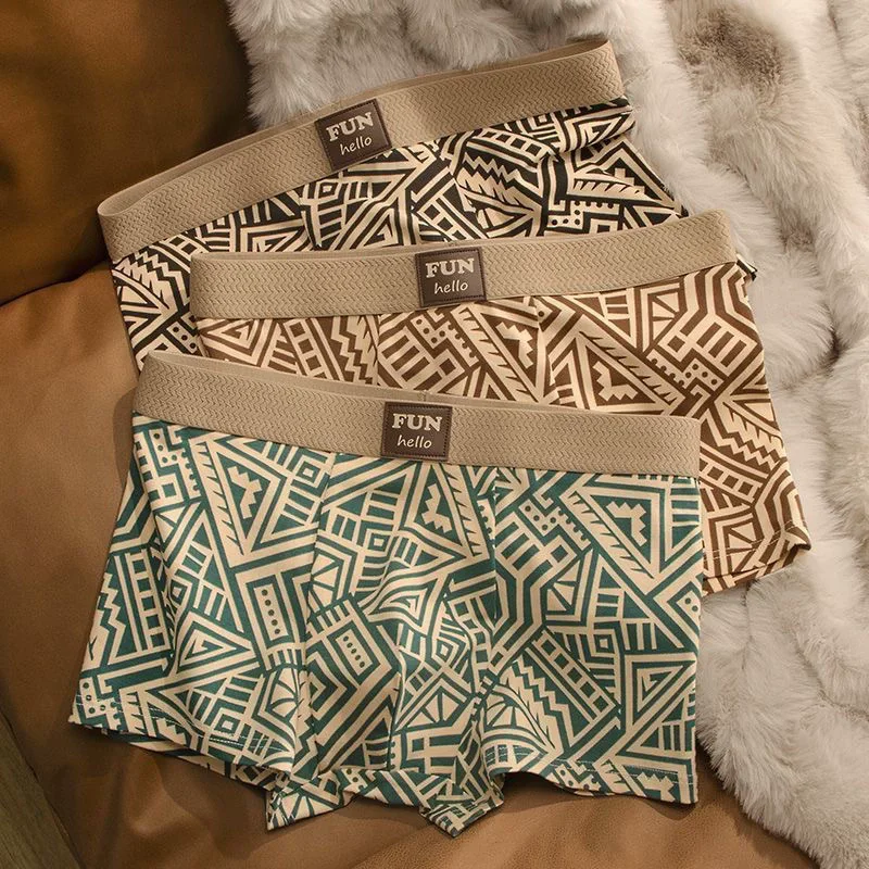 3 Stück atmungsaktive, bequeme Unterwäsche für Herren im amerikanischen Stil, personalisierte Boxershorts, bedruckt, trendige ethnische Retro-Quadrat-Unterhose
