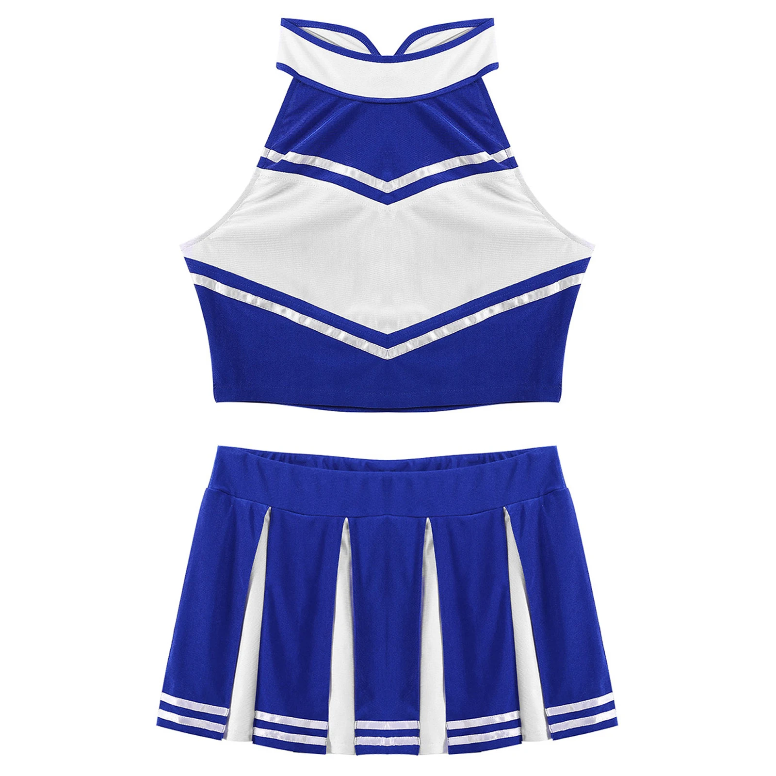 2Pcs Frauen Erwachsene Cheerleading Kostüm Uniform Stehkragen Ärmel Crop Top mit Mini Falten Rock Cheerleader Dance Outfit