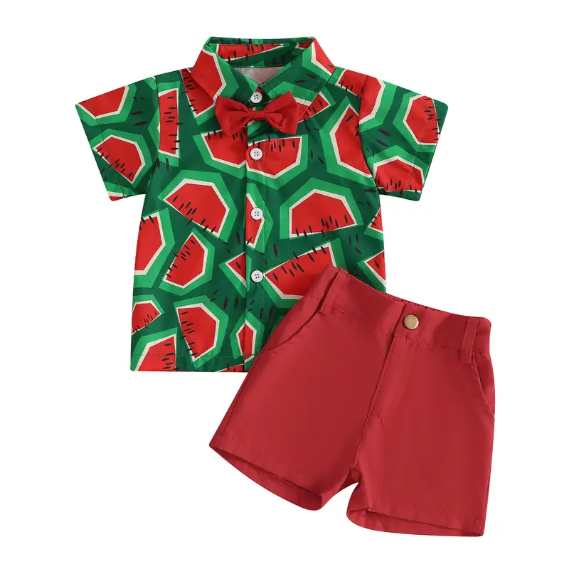 1-4Y Kids Boys Summer Outfits Watermelon Pattern Button Down Turn Down Collar Short Sleeve Shirt with Shorts 2 Pcs Boys Set - Image 7