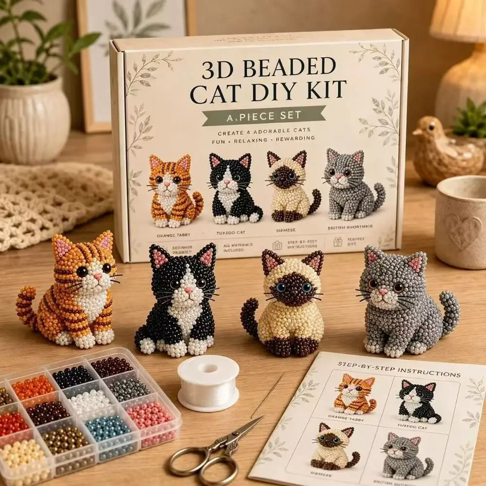 Handmade DIY Animal Bead Embroidery Kit Colorful Mini 3D Bead Pet Keychain Making Kit Cat Educational Animal Crafting Set