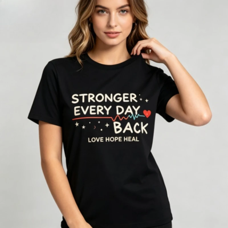 T-shirt slim à col rond pour femmes, tee-shirt imprimé drôle et optimiste avec motif de survie, haut à manches courtes avec motif graphique de battements de cœur pour un look décontracté.