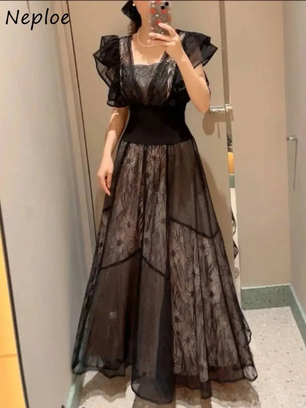 

Office Lady Lace Flying Sleeve V Neck Dresses Heavy Patchwork Slim Waist Ceremonial Robe Japan Elegant Fairy New Mujer