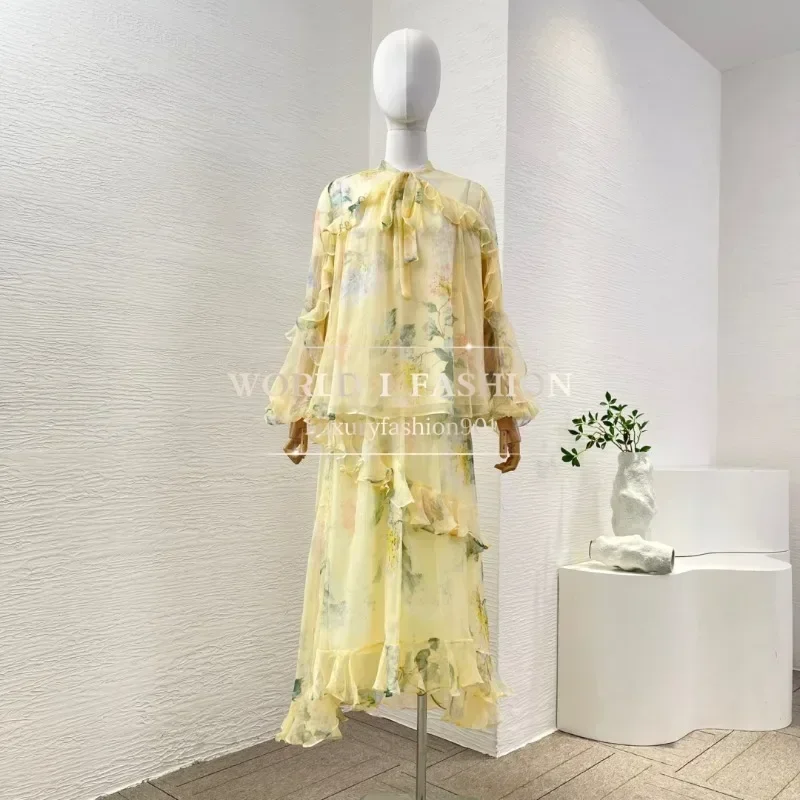 

Yellow Floral Print Long Sleeve Blouse Tops and Midi Irregular Hem Skirt Sets 2025