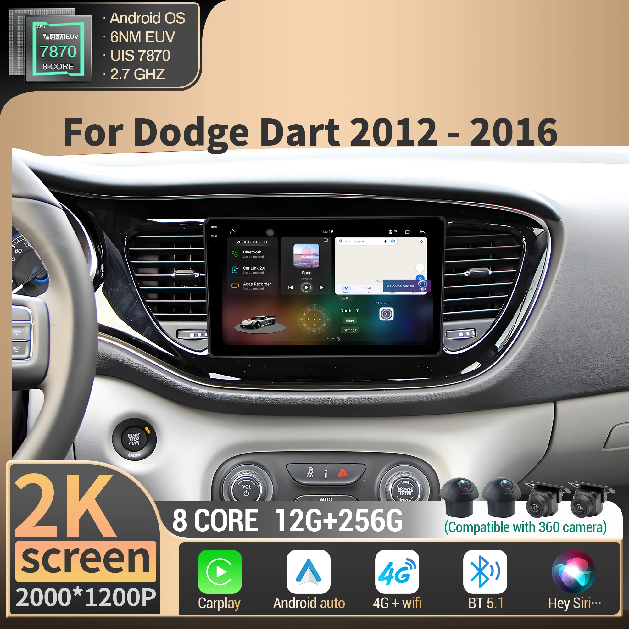 

For Dodge Dart 2012-2016 Android Car Radio Multimedia Navigation Wireless BT Carplay 4G GPS CPU 7870 Touch 2K QLED Screen