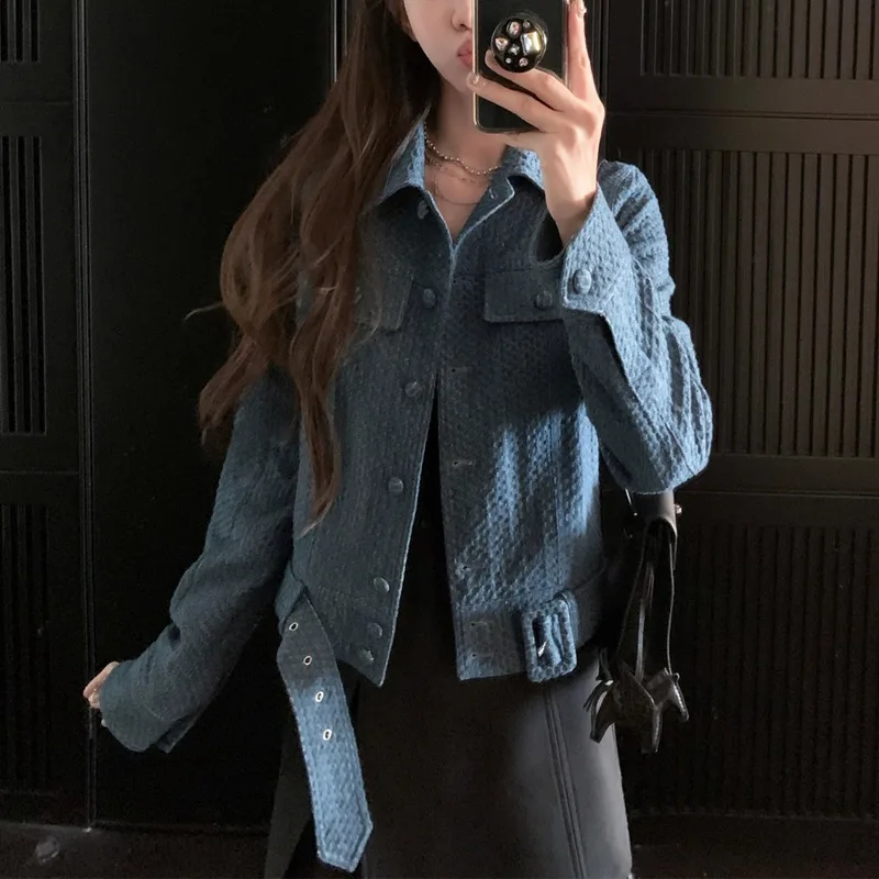 

Тканая джинсовая куртка женская, осень 202, короткое повседневное укороченное пальто, миниатюрные топы