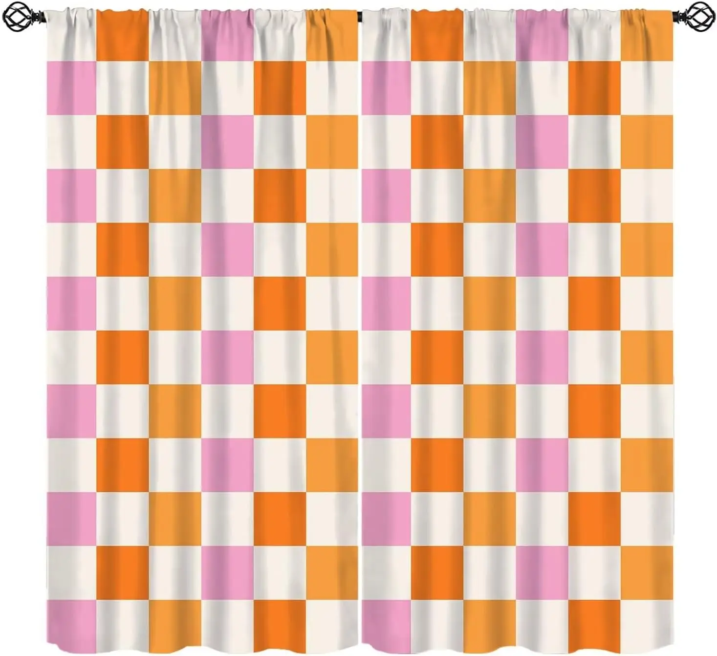 Soft Orange Pink Gingham Grid Print Blackout Rod Pocket Curtain Fresh Warm Tone Gentle Sweet Homestay Bedroom Rest Bay Window