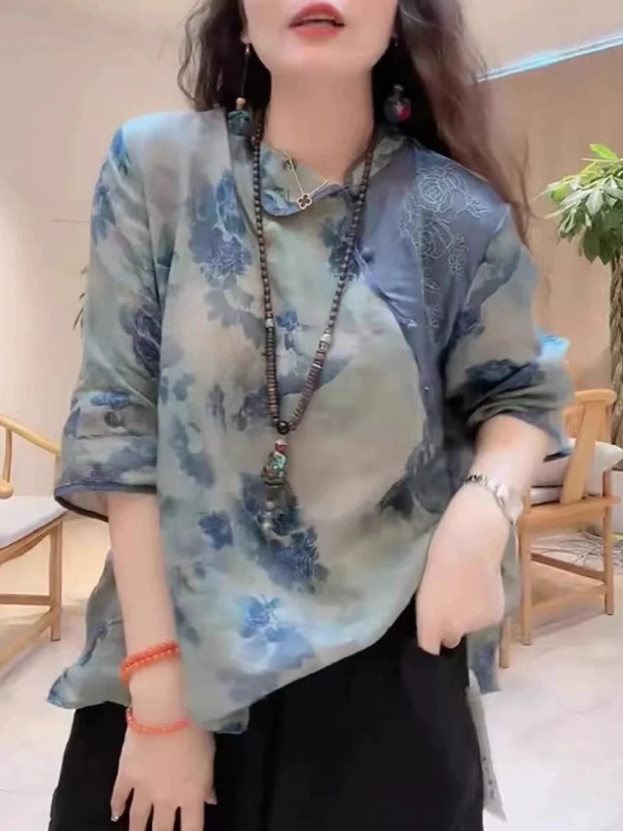 

Retro Contrast Color Embroidery Flax Seven-Quarter Sve irt Chinese Sle Side Button Floral Print Loose Fit Women's irt