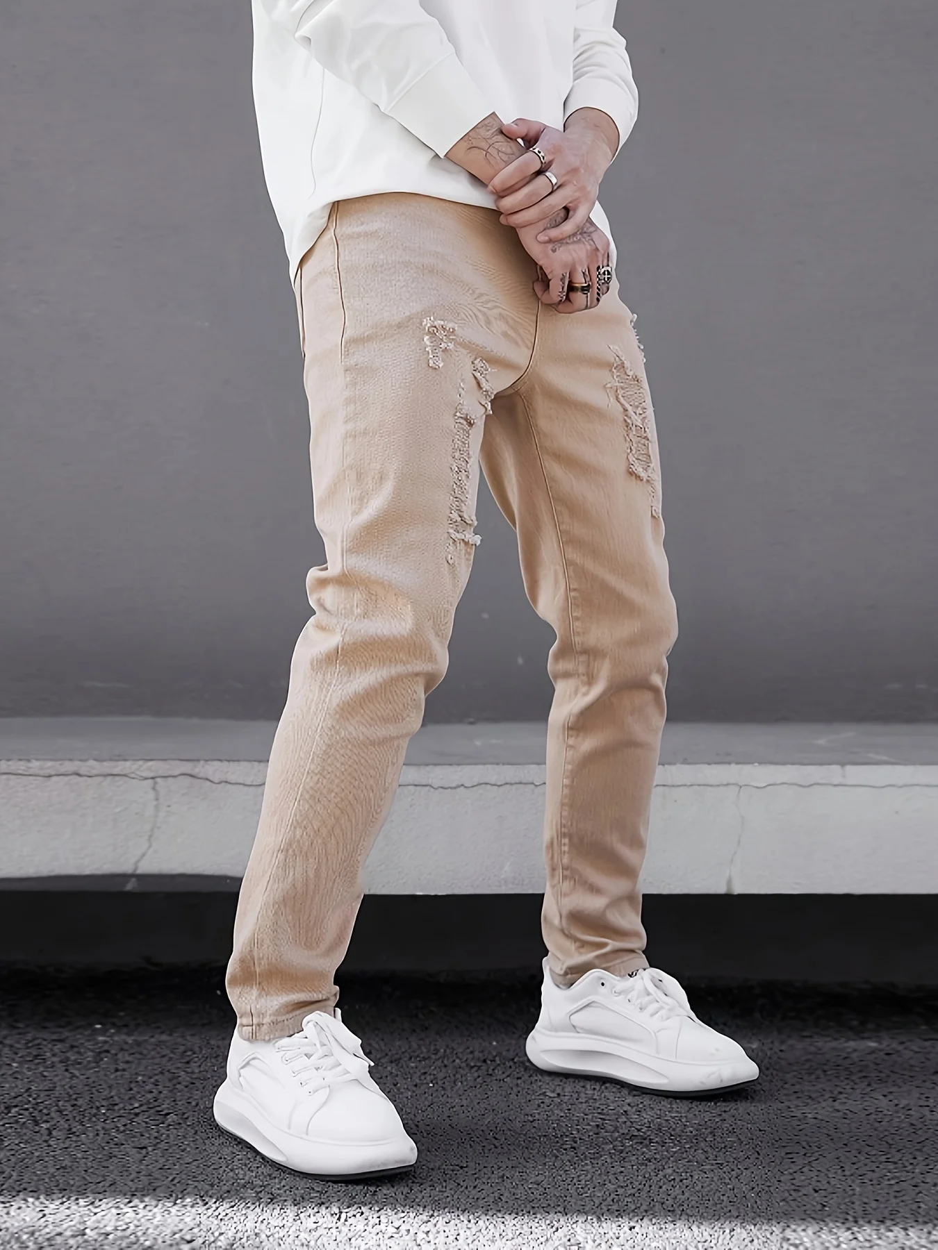 Casual herenjeans, geperforeerde kaki strakke denimbroek voor heren