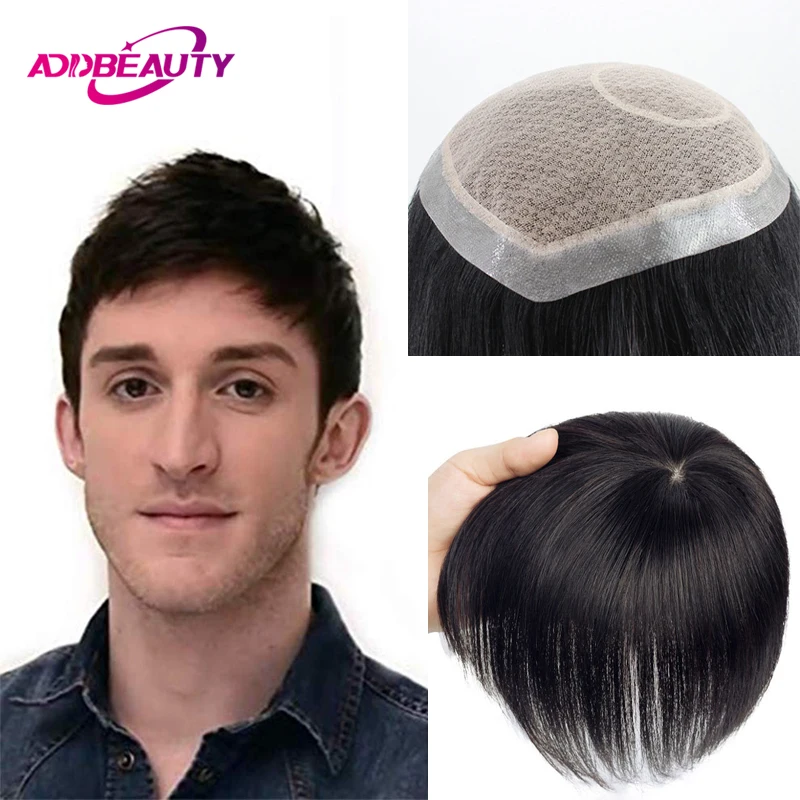 Men Wig Human Hair Straight Indian Remy Human Hair Wigs Silk Base Toupee Biological Scalp Invisible Hair System Natural Color