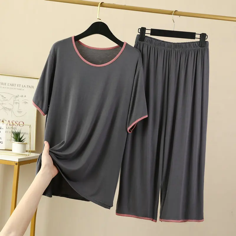 New Round Neck Short Sleeved Capris Pant Pajamas Set Home Wear Casual Loose Sleepwear Sets Modal Summer Pijama Woman Clothing