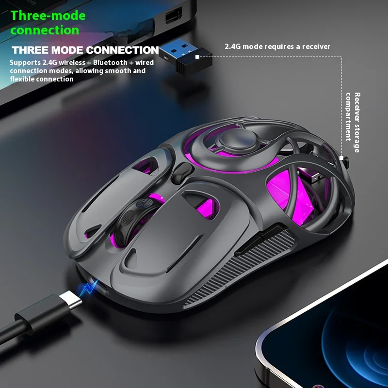 2025 K-Snake X10 Personalizado Três Modos Sem Fio HOLLOW OUT Gaming Mouse Leve Bluetooth Escritório 1000HZ RGB Luz 400mah
