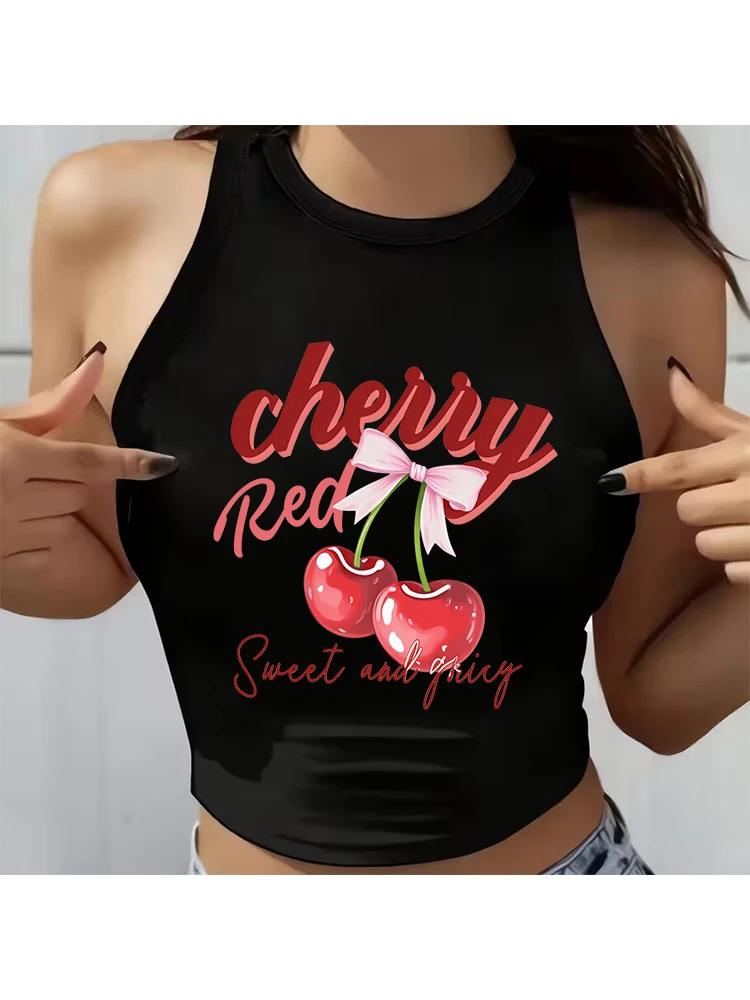 Women's Funny Cherry and Letter Print Sleeveless Crop Tops Sexy Women's Outfit Vest T Shirt 90s Graphic Crop Tank Tops Clothes