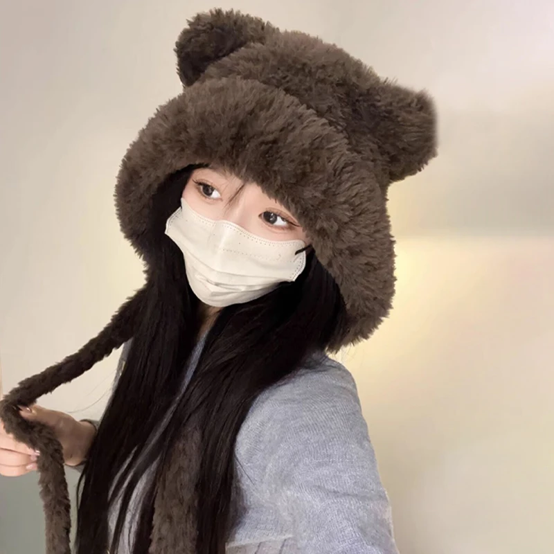 Autumn And Winter New Bear Ear Strap Lei Feng Hat Women's Korean Cute Warm Ear Protection Knitted Wool Hat - view 2