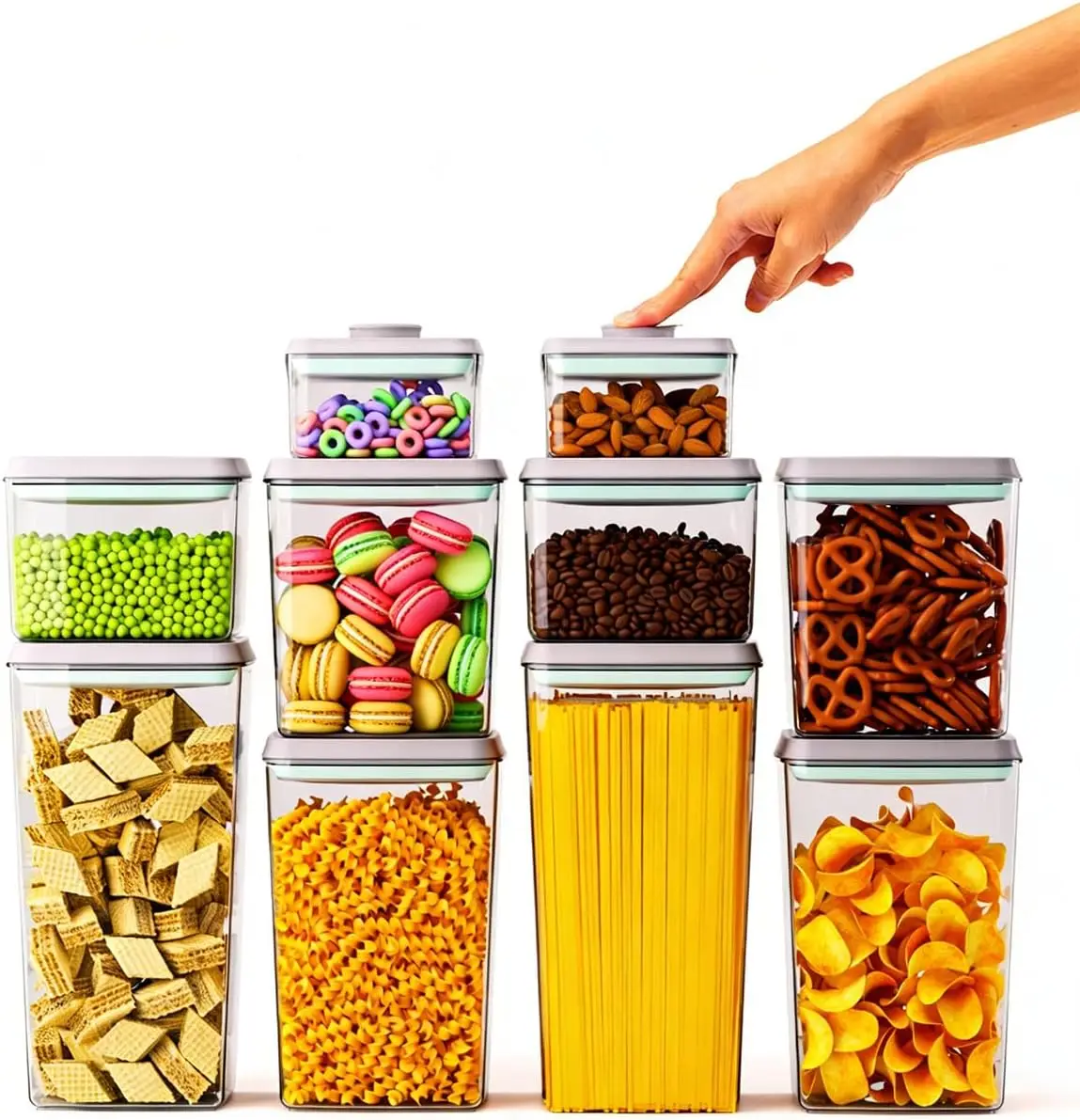 

10 PCS Airtight Food Storage Containers with Lids, Stackable Modular Pantry Set for Flour, Spaghetti & Cereal, Clear Kitchen Canisters with Measurement Scales