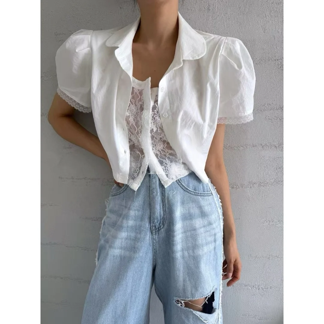

Short Lace Splice Bubble Sleeve Shirt Dongda Gate Design Ageless Fashion Versatile Korean Style Women's Inner Wear Spring Aut...
