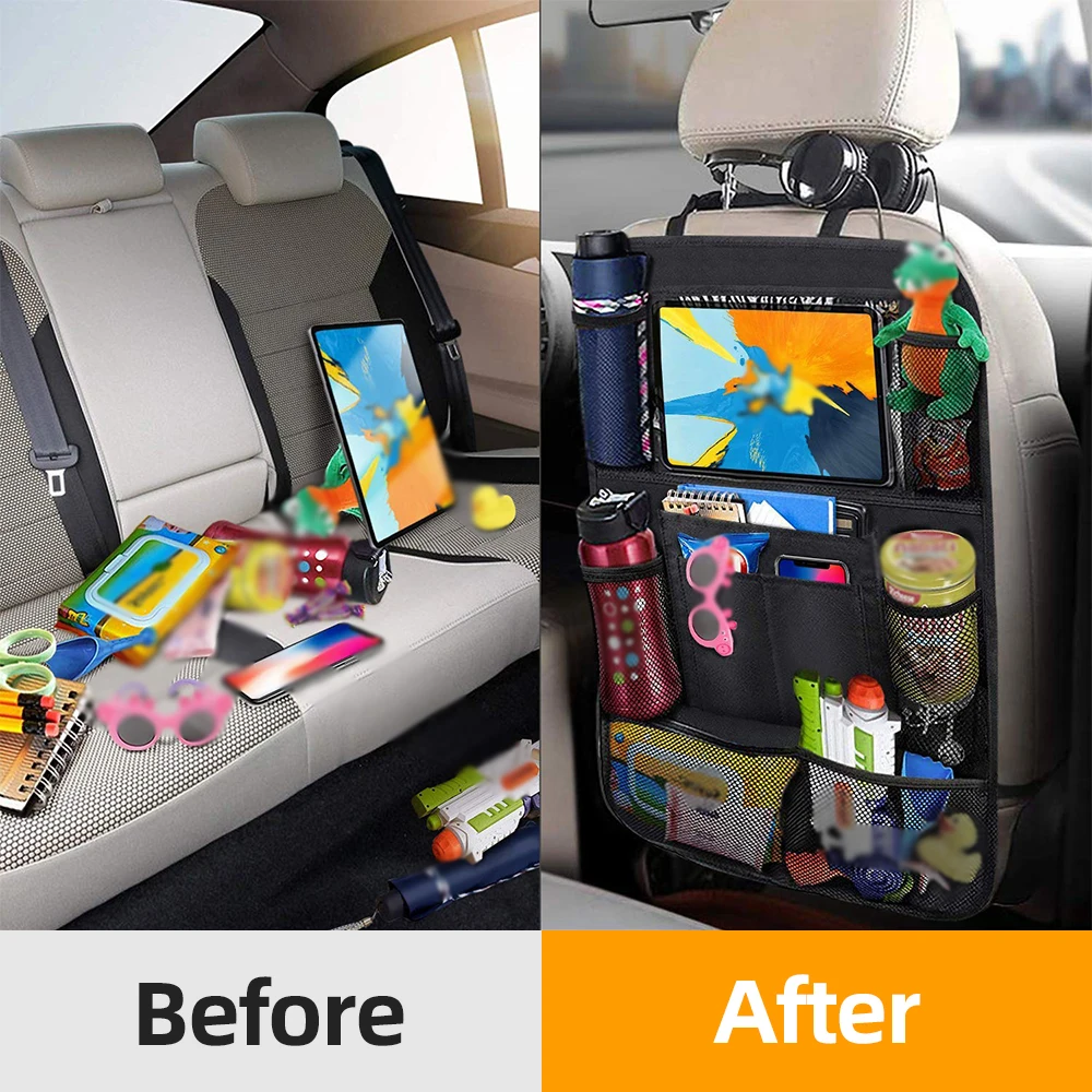 Car Backseat Organizers with Touch Screen Tablet Holder Auto Back Seat Protector 9 Storage Pockets Kick Mats Travel Accessories