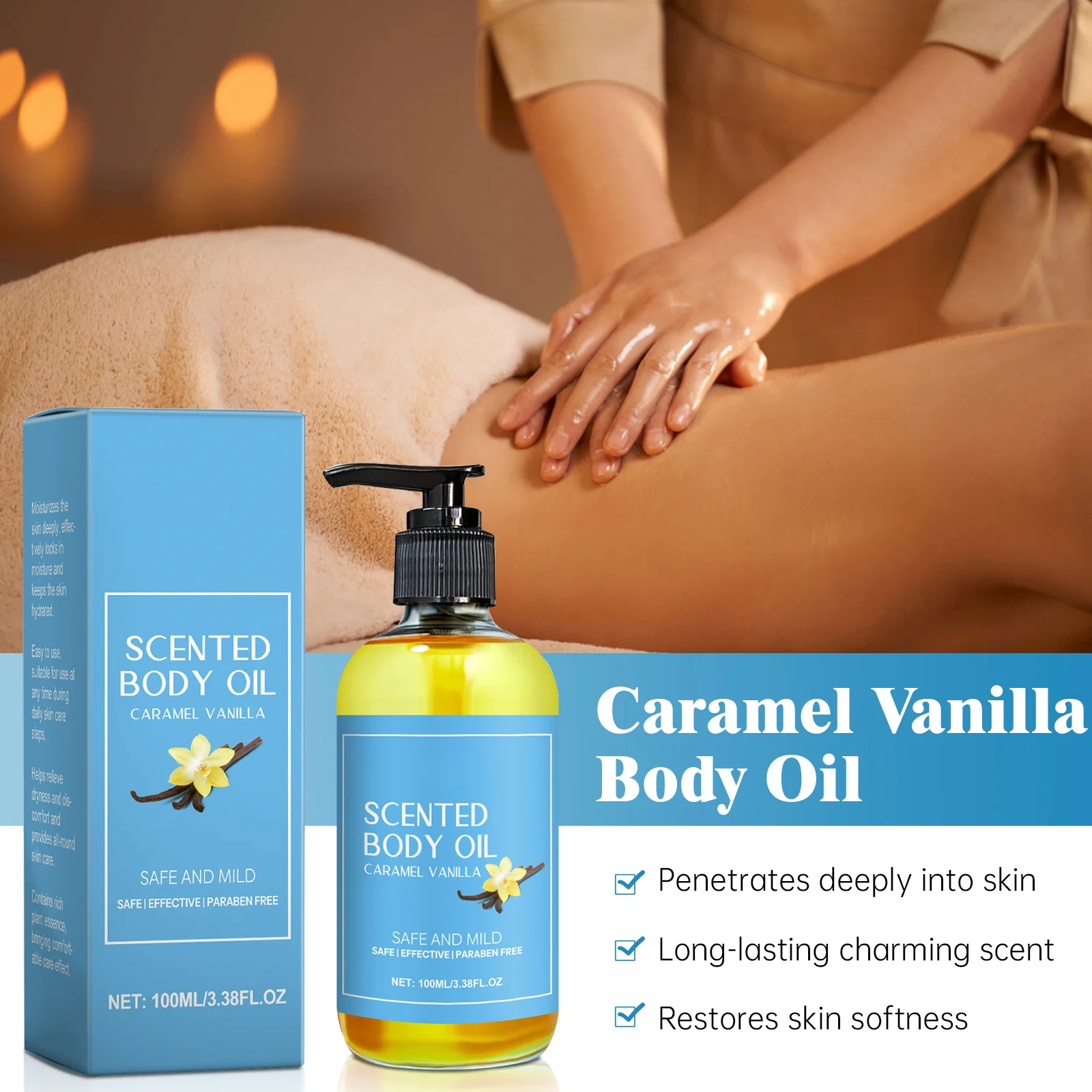 Caramel Vanilla Scented Body Oil 100ml - Shea Butter Enriched Moisturizer for Silky, Fragranced Dry Skin Care, Paraben-Free.