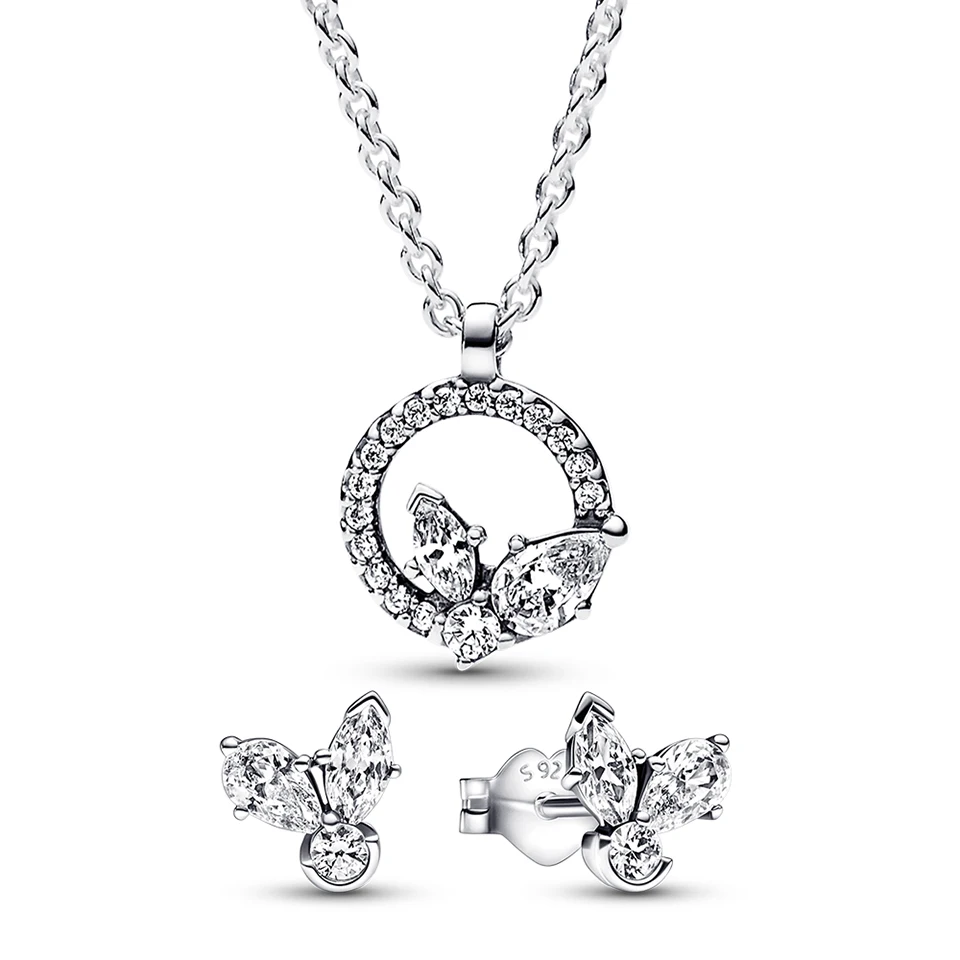 

S925 Pure Silver Sparkling Circle & Cluster Pendant Necklaces&Earrings Jewelry Set for Women's Wedding, Anniversary Gift