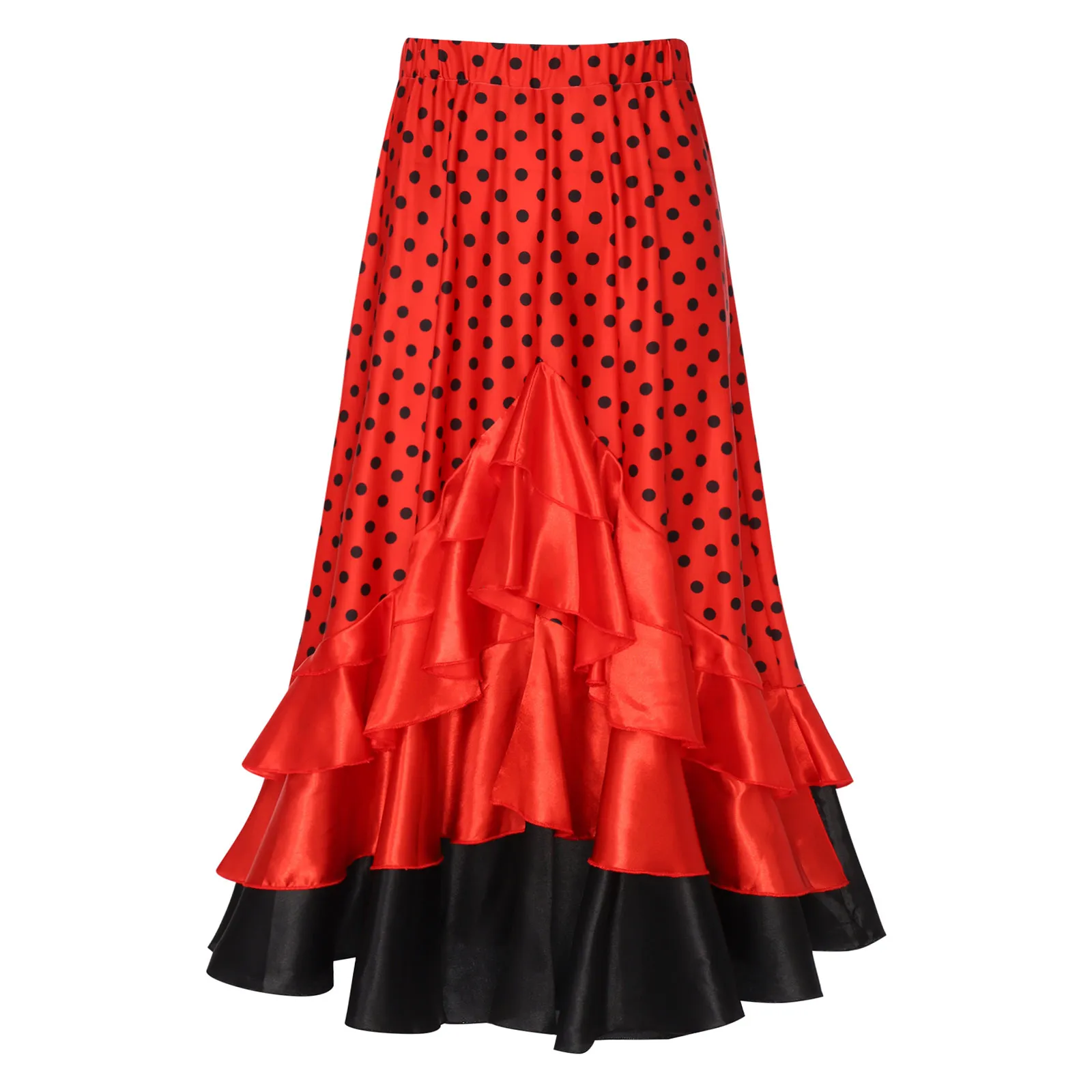 Gonna da ballo di flamenco spagnolo per ragazze Gonne lunghe con volant in raso a pois Classico Flamengo Gypsy Dancewear Costume da spettacolo teatrale