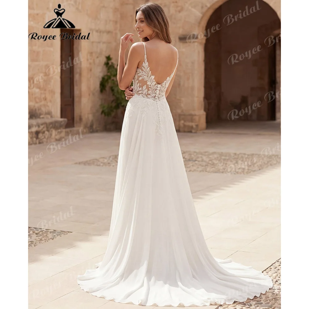 2027 Spaghetti Strap A Line Wedding Dress 3D Leaf Lace Appliques Chiffon Deep V Neck Back Button Bohemian Bridal Gown Customized