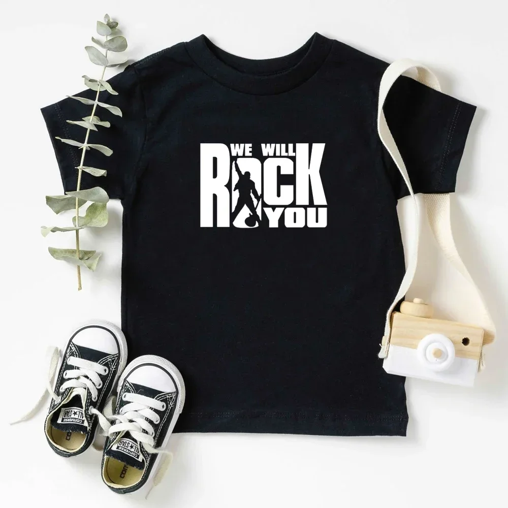 We Will Rock You Queen Print T shirt Kids Summer White Tops Children Fashion Casual T-shirt Rock Anthem Childrens Tshirt