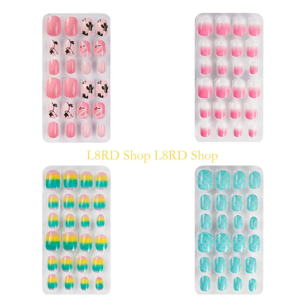 L8RD Press On Nails Kids Pink Simple Pattern Fake Nails Art False Nails Press On