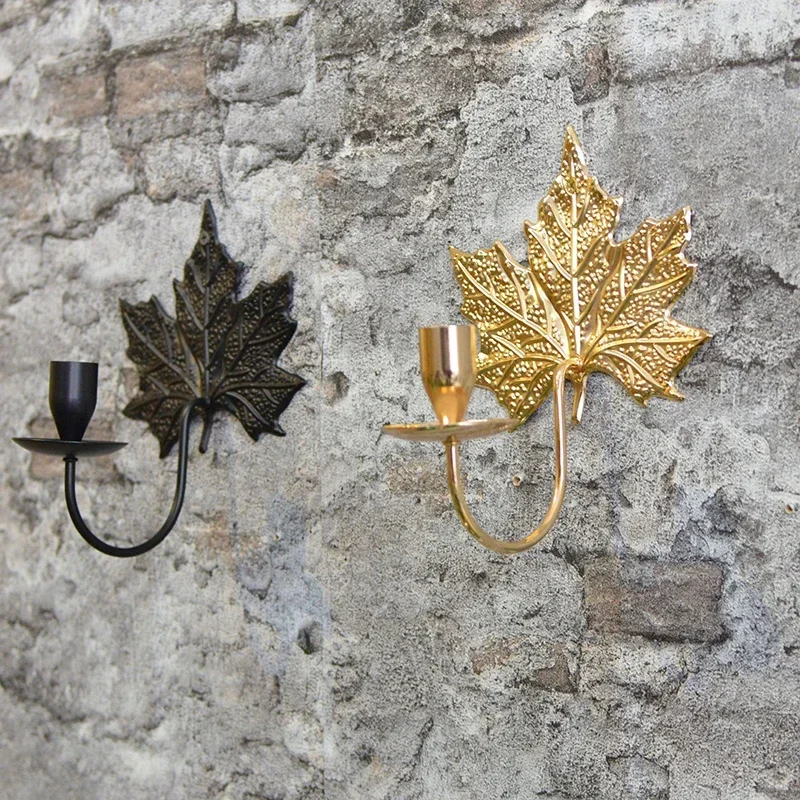 Nordic Metal Maple Leaves Wall Hanging Candlestick Gold Black Candle Holder Home Bar Outdoor Wall Lamp Scented Candle Decor