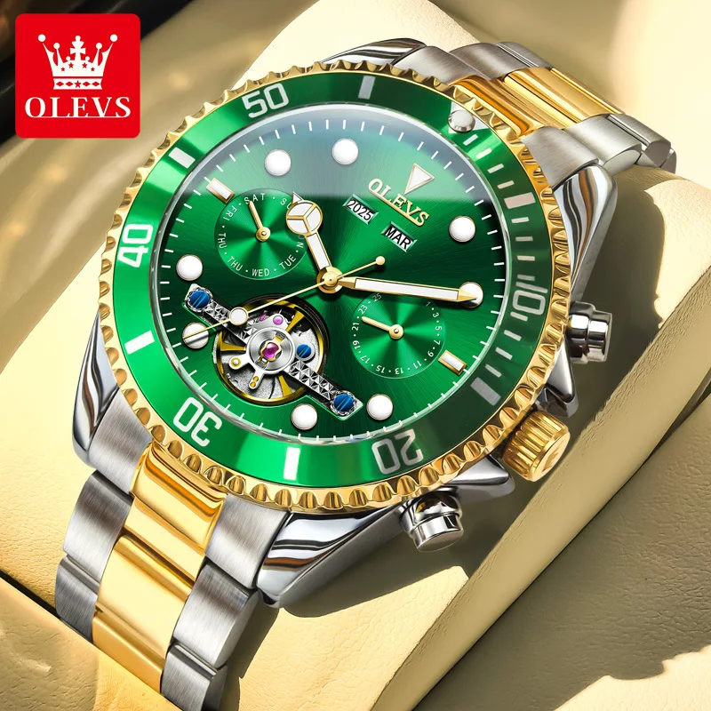 

OLEVS Fashion Green Mechanical Watch Mens Stainless Steel Waterproof Luminous Multifunction Luxury Automatic Tourbillon Watches