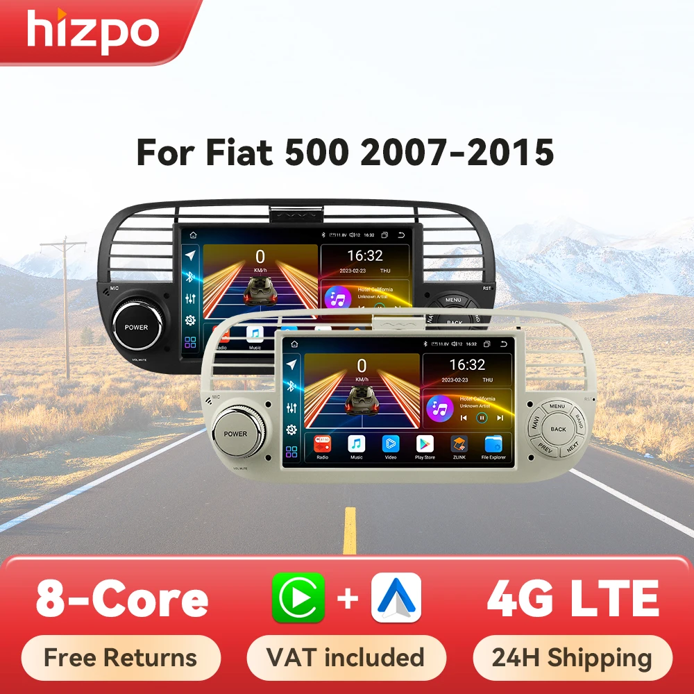 Hizpo 7 Inch 8 Core Car Radio Stereo for FIAT 500 2007-2015 GPS 2din Autoradio CarPlay Android 13 Auto Navigation Head Unit Wifi