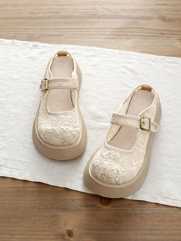 Handmade Lace Mesh Slip-On Slippers Thick Bottom Platform Sandals Breathable Summer Shoes Women's Fashion Hollow out Design