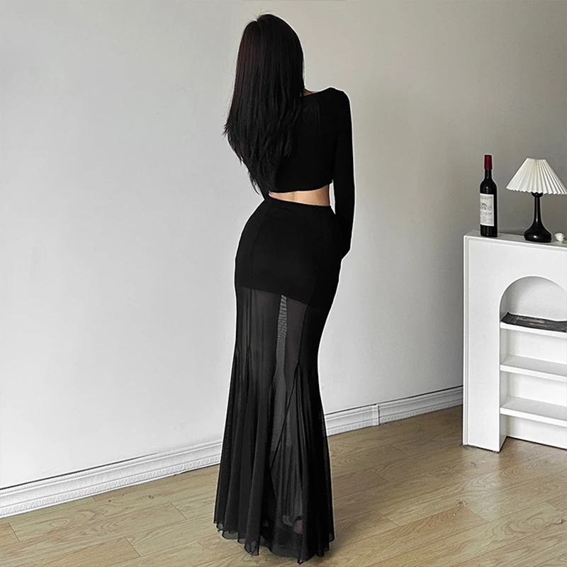 Vintage Schwarz Lange Röcke Frauen Maxi Mesh Rock Sommer Sexy Weibliche Hohe Taille Bodycon Trompete Röcke Frauen Mujer Faldas