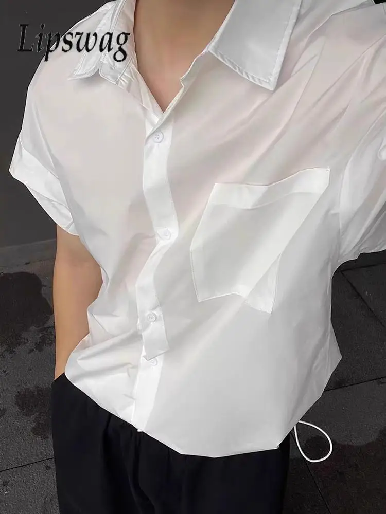 

Summer New Casual Button Turn-down Collar Shirt For Men Fashion Half Sleeve Bottom Tie-up Shirts Stylish Men's Pure Color Shirts