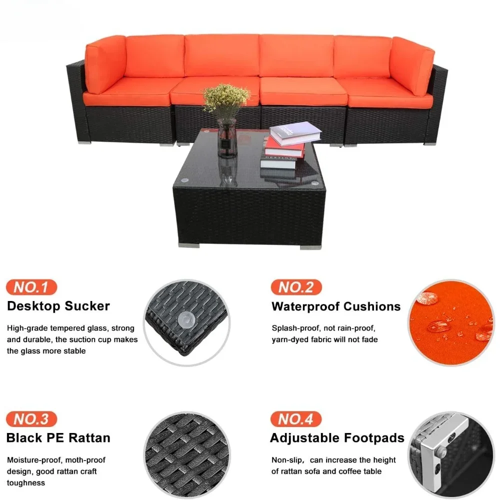 5PCs Patio PE Rattan Sectional Sofa, Outdoor Wicker Furniture Sets with Washable Couch Cushions & Coffee Table