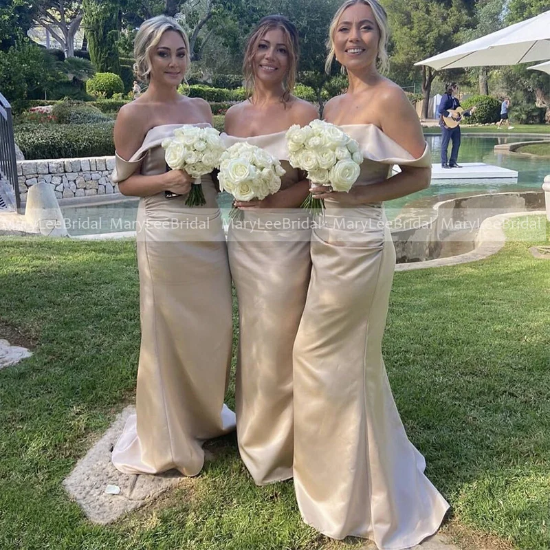 Champagne Mermaid Bridesmaid Dresses Cheapest Off the Shoulder Ruched Satin Bride Maid of Honor Dress Women Wedding Party Gowns