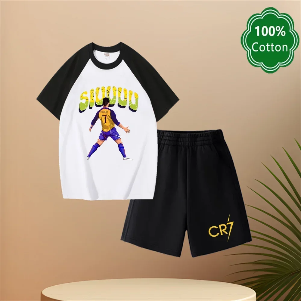 

Роналду Футболист CR7 Детская одежда с принтом Повседневная модная футболка + шорты Комплекты из 2 предметов 2025 Летние детские спортивные костюмы для мальчиков