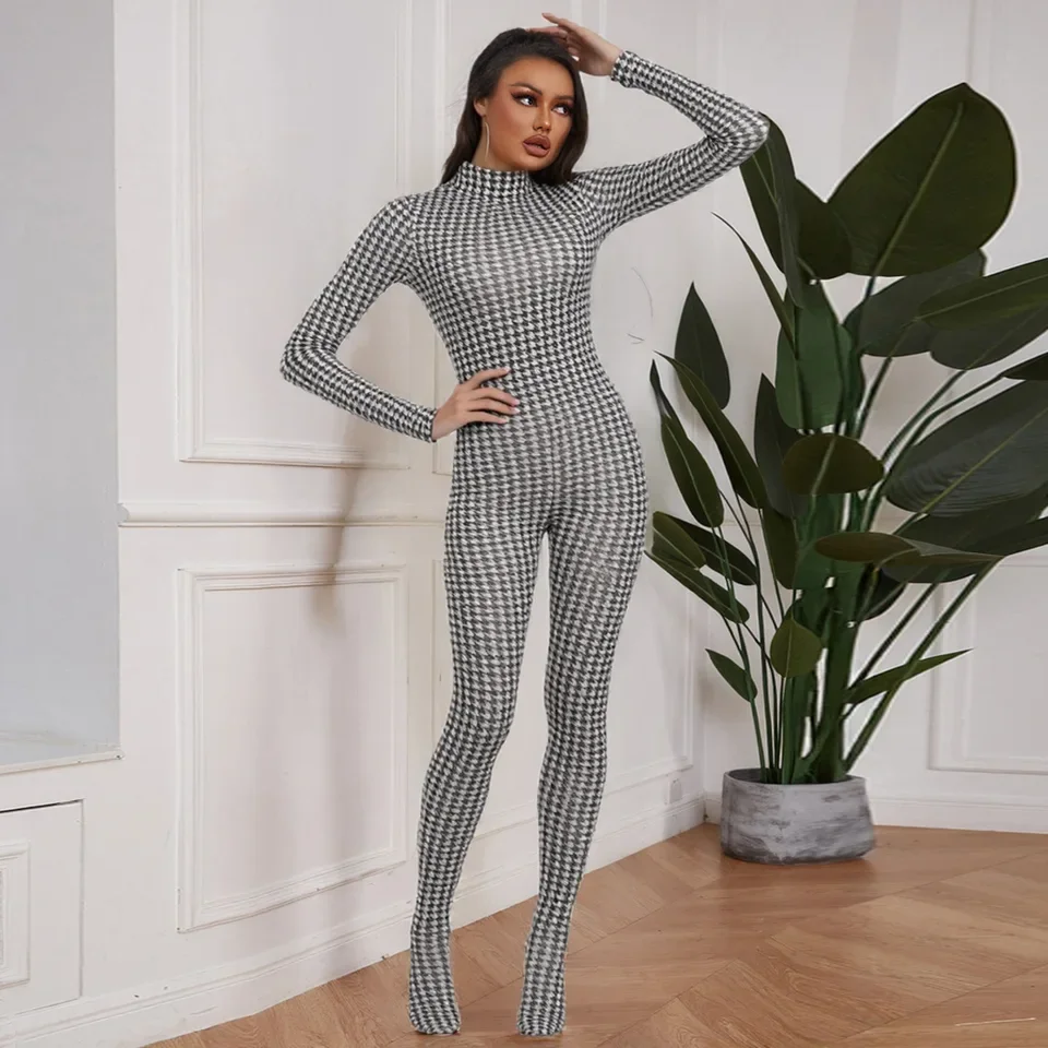

Women Sexy Jumpsuit Turtleneck Full Sleeve Skinny Midnight Club Clubwear Zip Slim Overalls Female Fashion Trend Printed Jumpsuit