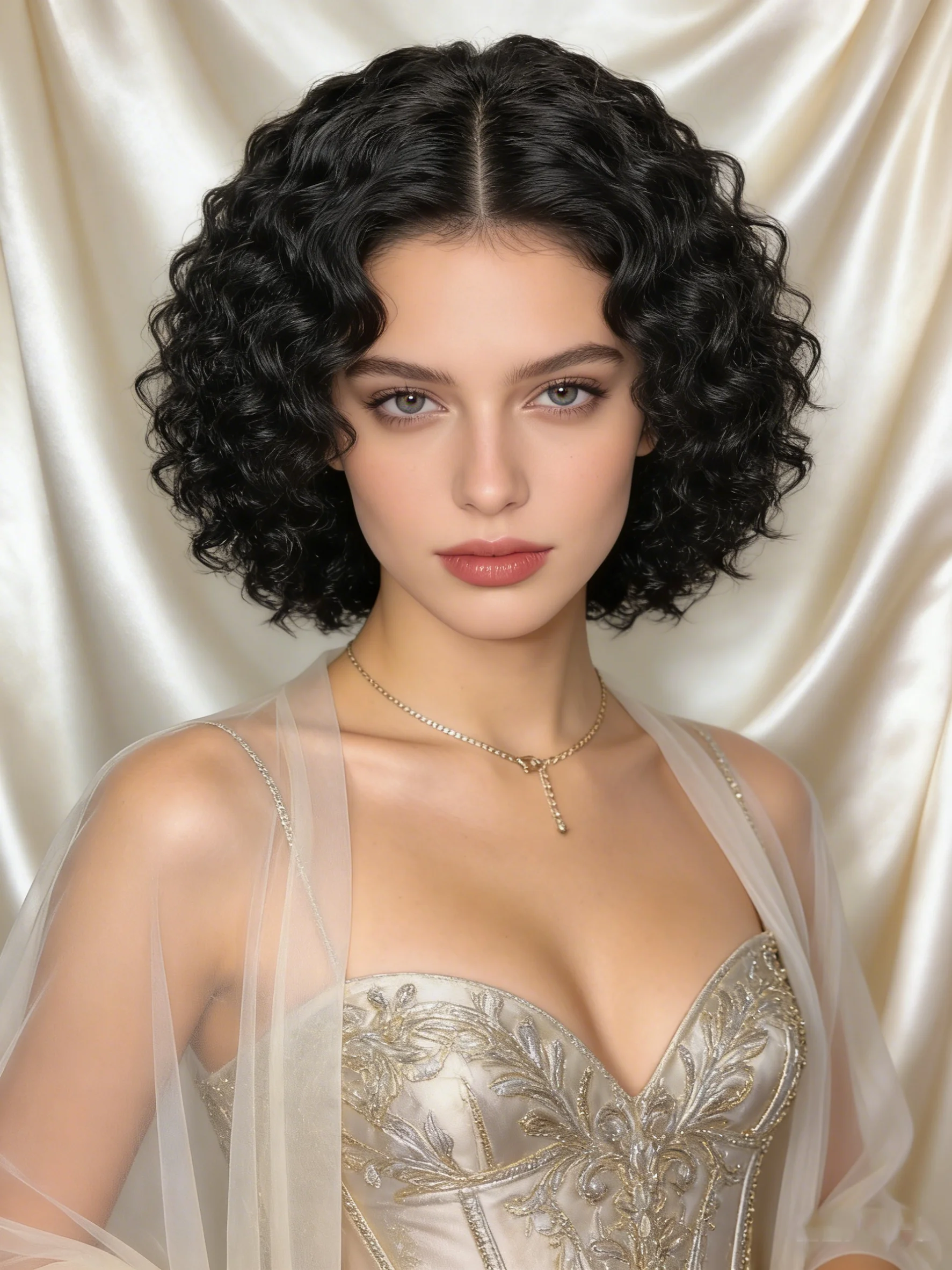 

1 женский парик, выполненный из термостойкого синтетического высокотемпературного волокна, с естественным объемным стилем.