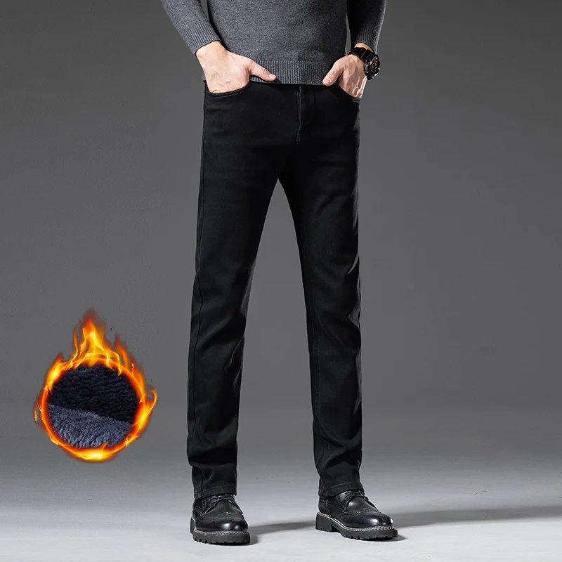 Calças de brim retas finas forradas de lã dos homens inverno quente veludo grosso denim calças térmicas de pelúcia casual workwear elegante ajuste confortável
