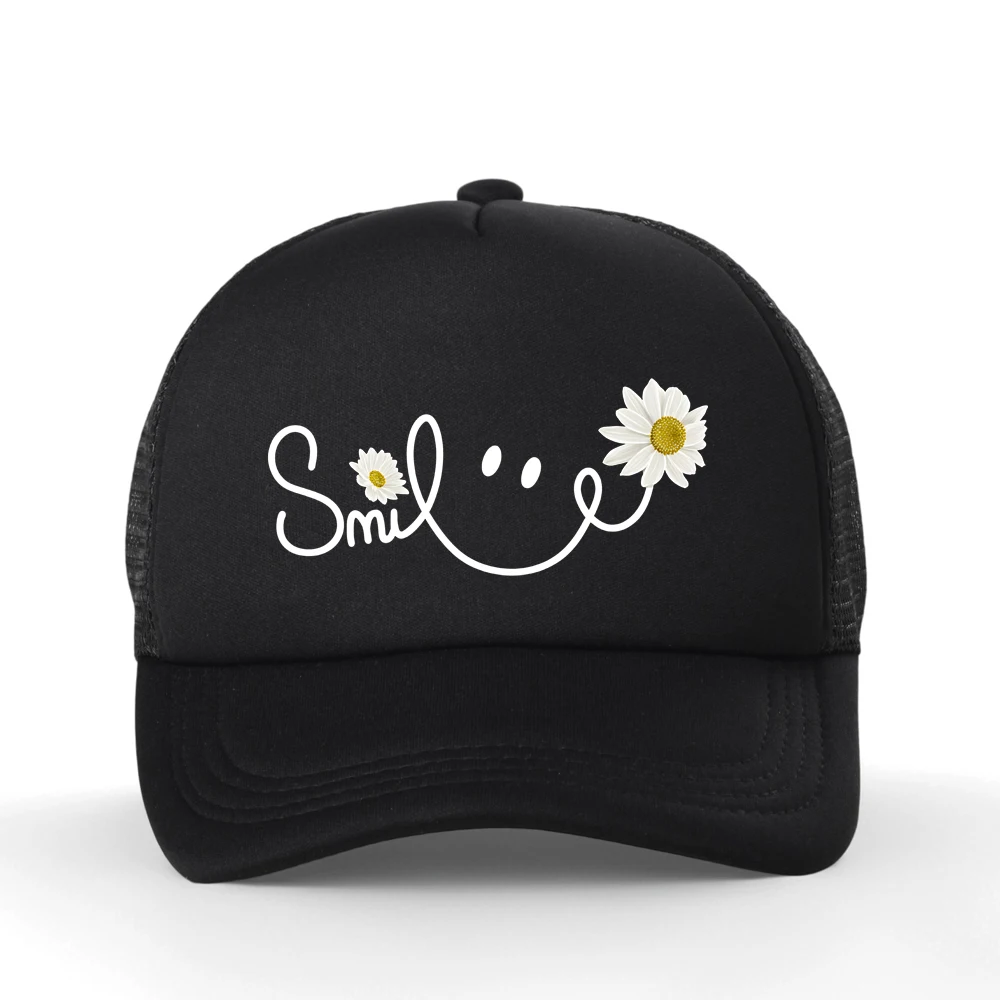 Beautiful Daisy Smile Letter Printed Harajuku Cartoon Graphic Baseball Cap Unisex Mesh Breathable Snapback Hat
