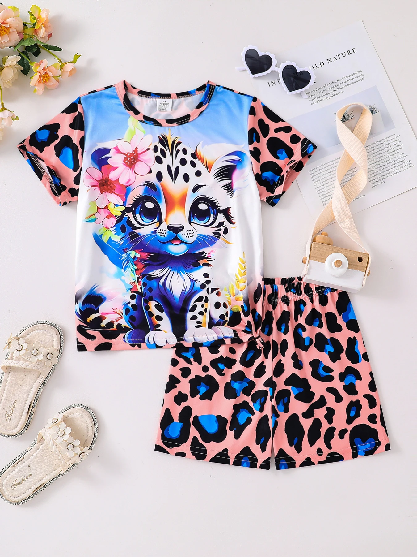 Sommer 2-teiliges Set niedlicher Cartoon Leopard lässige Kinder kleidung für Mädchen, gemischte Farbe 4-8y dünn, cool und atmungsaktiv