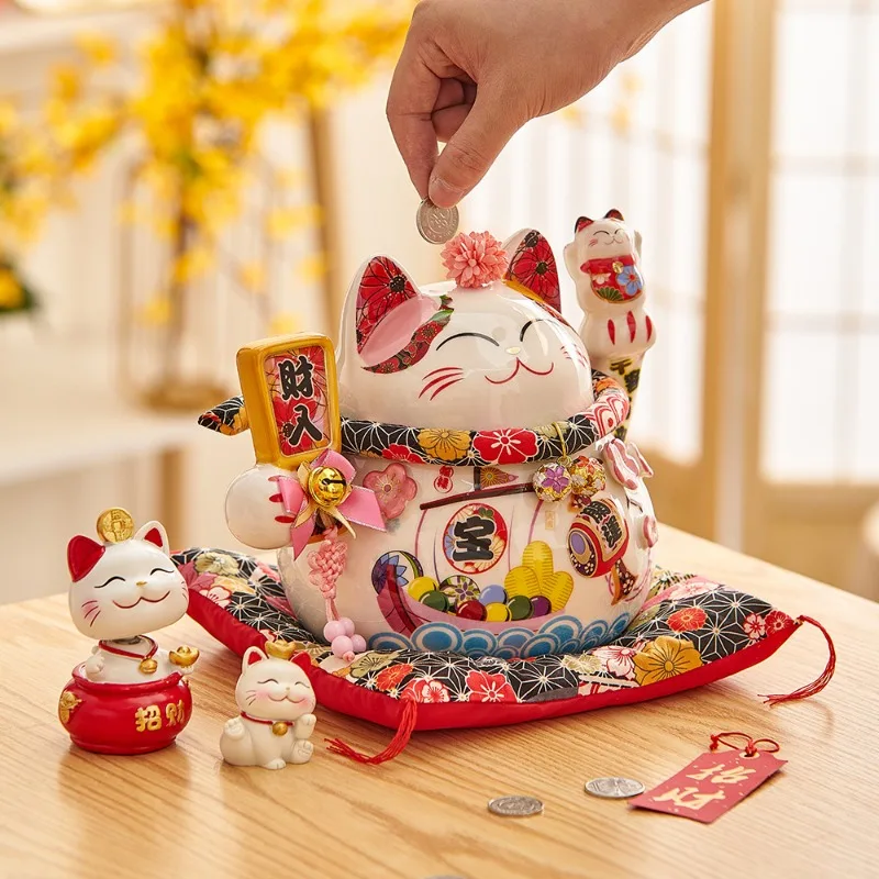 Ceramic Lucky Fortune Cat with Waving Arm Gold Feng Shui Decoration Lucky Cat for Shops Restaurants Living Room Storage Box