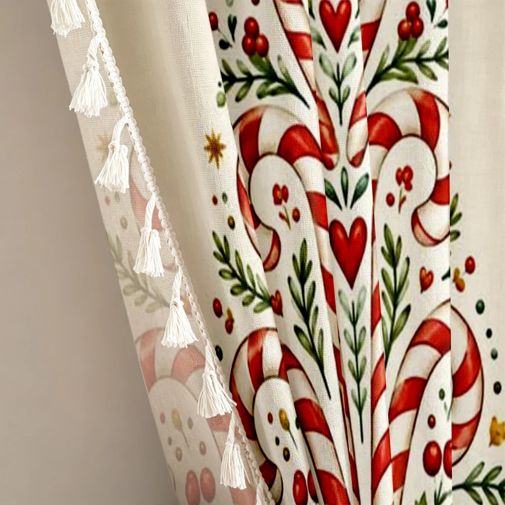 1PC Christmas Winter Tassel Sheer Curtains, Candy Cane Heart, Digital Print, Linen Polyester, Bedroom Living Room, Home Decor