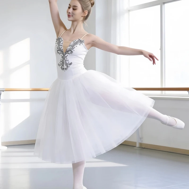 White Romantic Long Ballet Tutu Dress for Girls Silver Embroidered Bodice Kids Ballerina Costume for Performance Contemporary Da